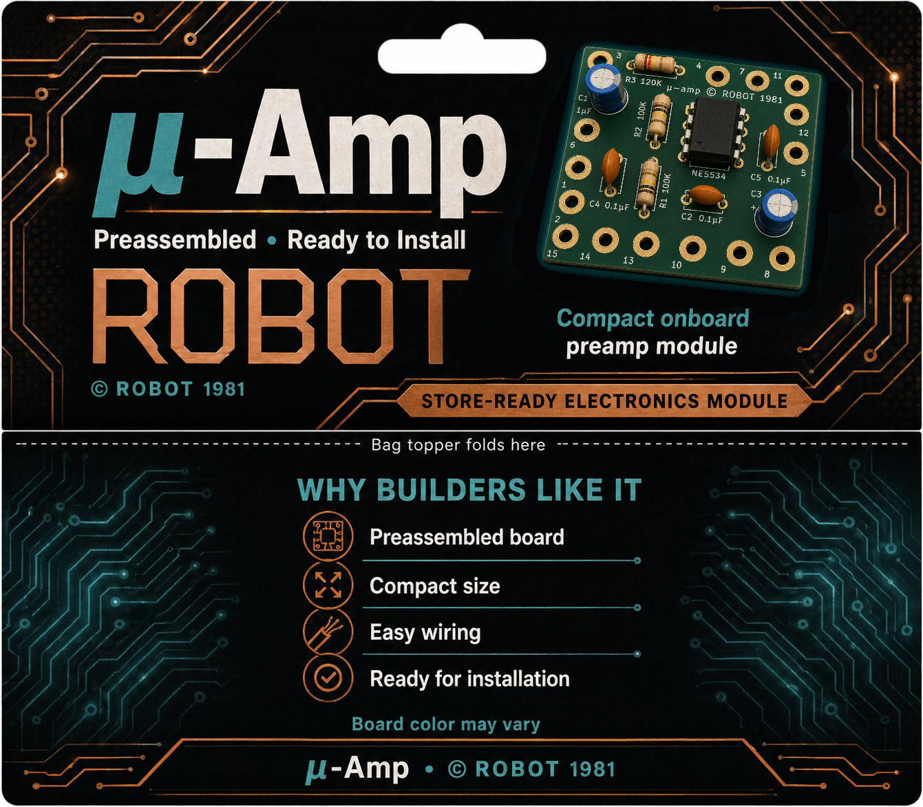 μ-Amp ROBOT retail bag topper design